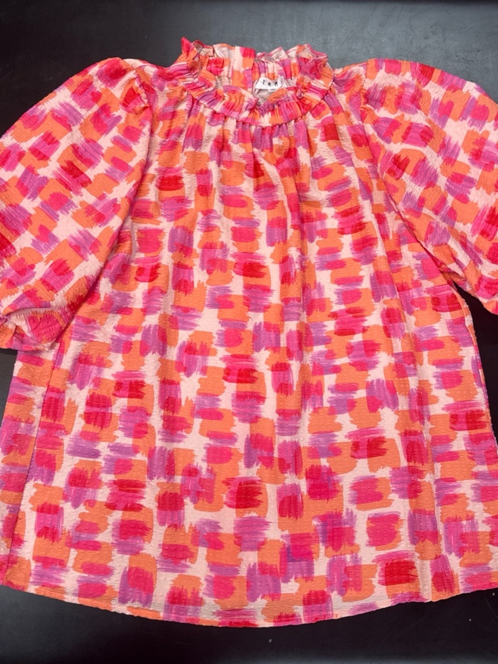 Bright Brushstroke Pink & Orange Ruffle Neck Blouse - Large